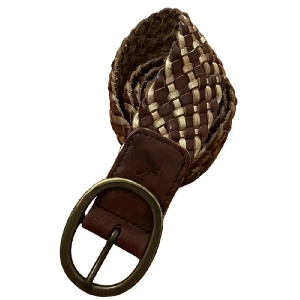 American Eagle Braided Leather Belt Brown Gold Oval Buckle Womens S/M